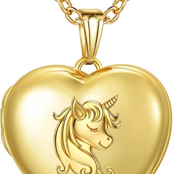 Love Heart Unicorn Locket Necklace Brass 45cm Gift for Her Romantic Jewelry - Picture 1 of 7